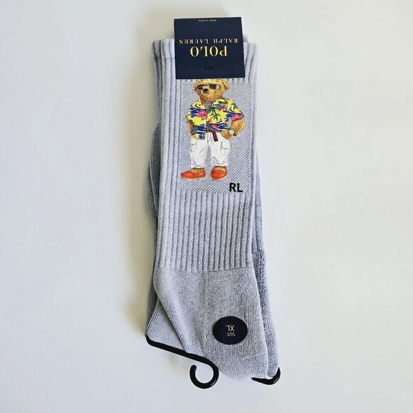 Polo Ralph Lauren Crew Socks Mens XL Blue Beach Bear Hawaiian Shoe Size 12-17 - Picture 2 of 5
